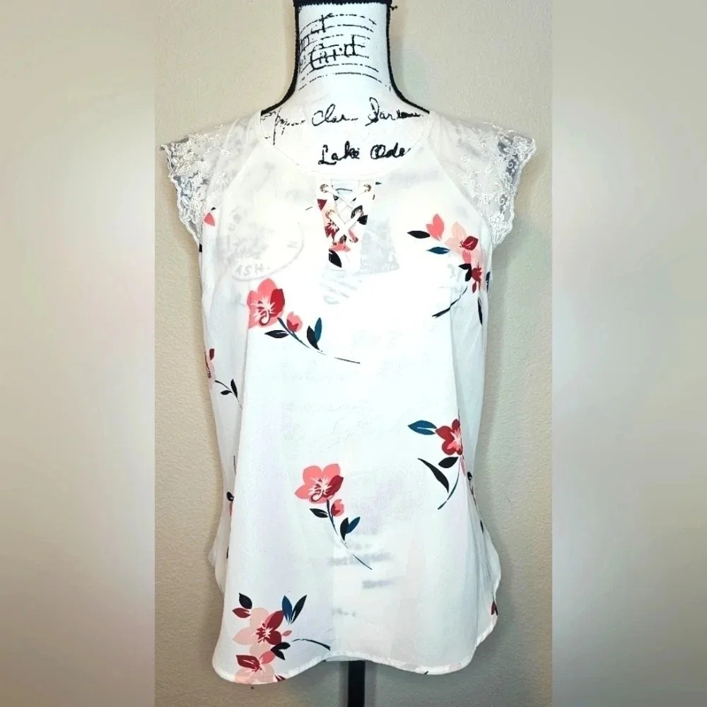 Candies Sheer Tunic Blouse Top Size Medium Floral Lace up Neck Cap Sleeves
